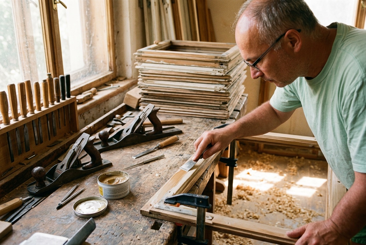 Restaurierung von Holzrahmen mit klassischem Handwerkszeug
