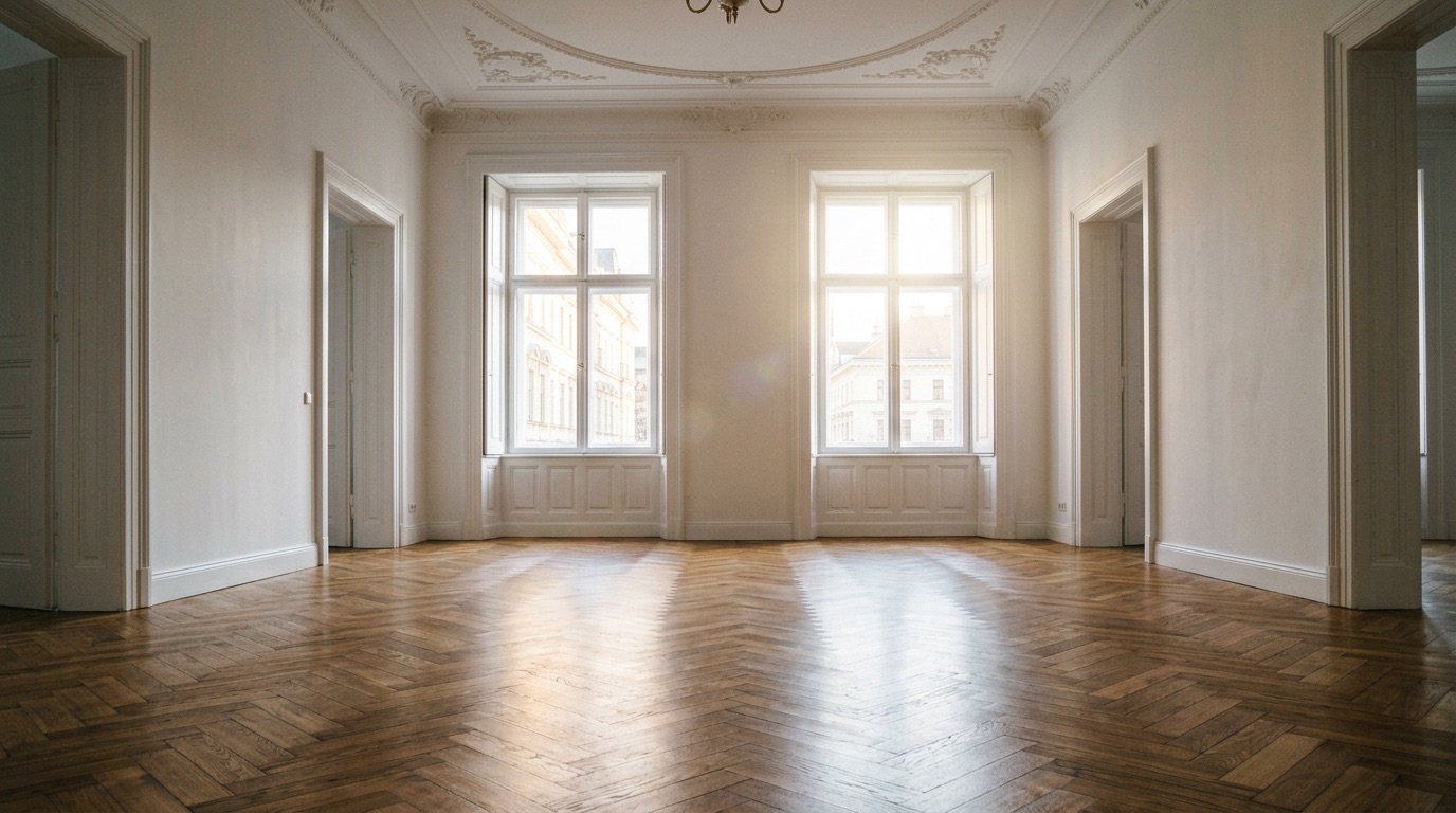 Altbauwohnung mit glänzendem Fischgrätparkett, verzierten Stuckdecken und zwei großen Fenstern mit Sonneneinstrahlung