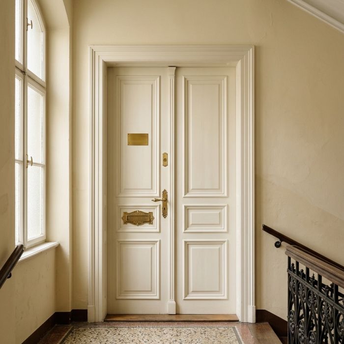 Restaurierte doppelflügelige Eingangstür im Altbau