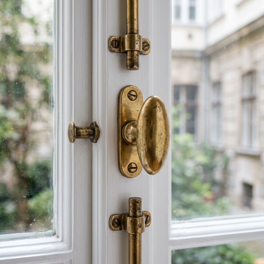 Saniertes Kastenfenster mit Messingbeschlägen